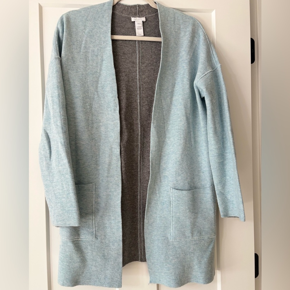J. Jill teal blue & gray reversible cardigan sweater open front wolens size S